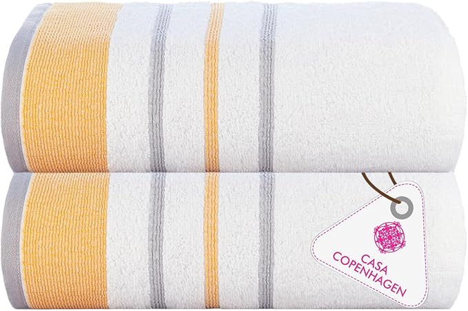 CASA COPENHAGEN White Bay 2Pcs 100% Egyptian Cotton Large Designer Bathsheet Towels Gift Set- Grey - Gold, 600GSM, 35"x70" 2Bath Sheet Towels for Bathroom (Gift Set for Women & Men)