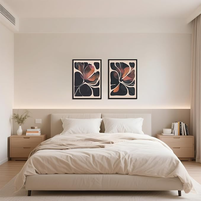 Abstract Floral Wall Art Prints Set of 2 Modern Mid Century Botanical Canvas Painting Posters Black Orange Flower Picture Wall Decor Aesthetic for Bedroom Home Decor 12x18inch Wooden Framed