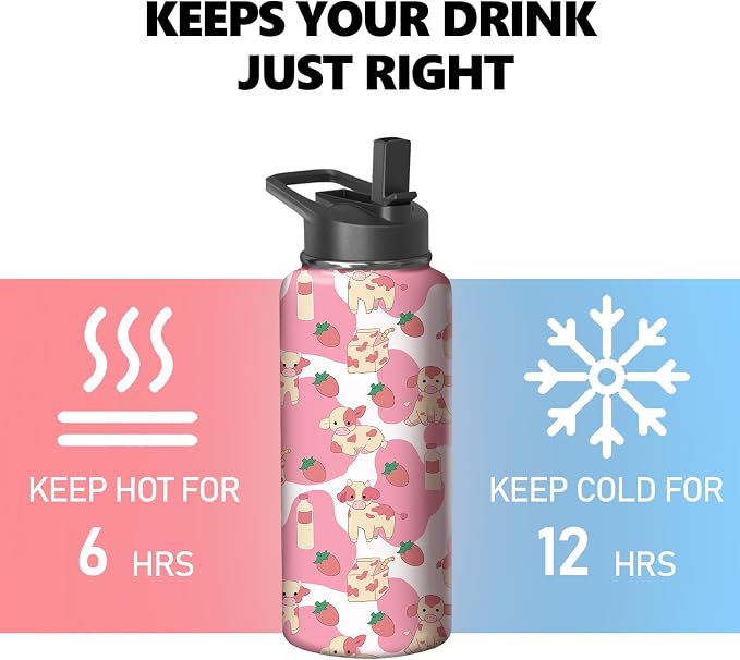 18oz Pink Cow Strawberry Water Bottle with Handle and Flip Straw,Animal Sports Stainless Steel Insulated Cup Travel Coffee Mug Tumbler, Birthday Mothers Day Chritmas Gifts for Women