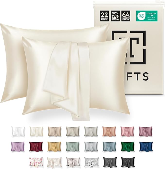Tafts Silk Pillow Cases - 22mm 100% Pure Mulberry 6A Silk Pillowcase for Hair & Skin with Envelope Closure, Cooling, Natural, Organic, Double Sided Silk Pillow Case (Cool White, Queen 20x30 2pc)
