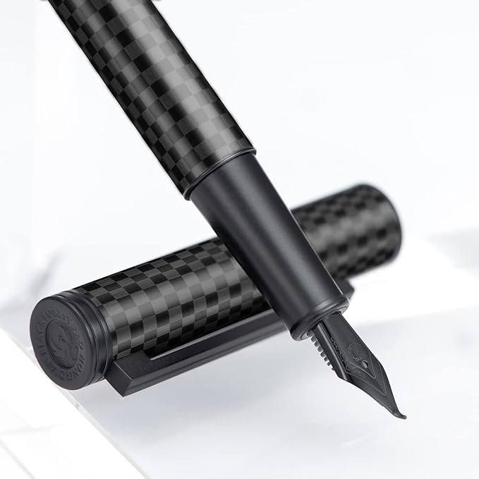 HONG DIAN Black Forest Pro Carbon Fiber Fountain Pen, Bent Nib for Fude Calligraphy Writing (Fine to Broad) with Converter and Metal Pen Box Set