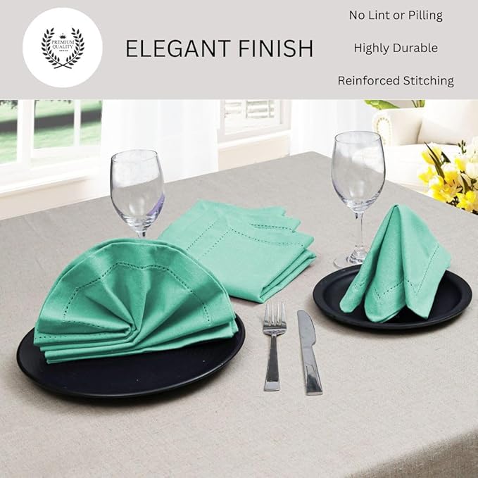 Hemstitch Dinner Napkins 100% Cotton Set of 12 - for Dining Weddings Parties Holidays Easter Everyday Use - Soft Durable Washable Table Napkins - 18x18 Inch Cloth Napkins Turquoise Blue