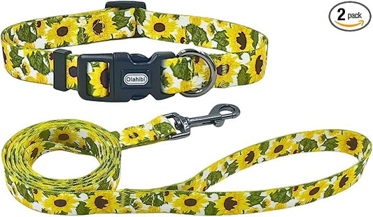 Dog Collar Leash Set, Floral Pattern, 5ft Matching Leash, Polyester Material, 4 for Small Medium Large Dogs.(S, Sunflower)