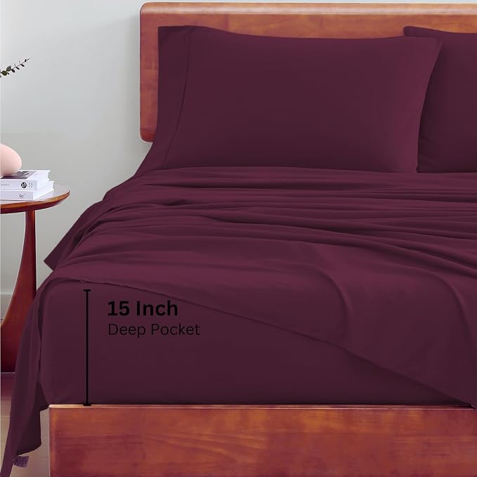 LANE LINEN Full Size Sheet Set 100% Organic Cotton Soft 4pc - Windsor Wine | Pure Long-Staple Organic Cotton Full Sheet Set - Soft From The First Wash, Crisp Cool Percale Weave, Great For Gifting