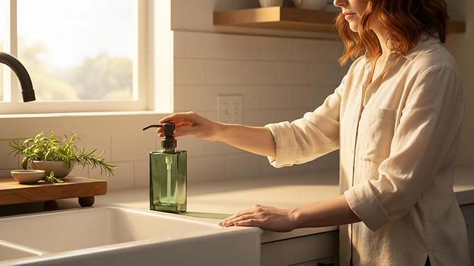 13.5 Oz Green Glass Soap Dispenser with Rust Proof Stainless Steel Pump, Antique Design Refillable Square Lotion Dispenser for Bathroom, Premium Kitchen Hand Soap (Oil Rubbed Bronze)