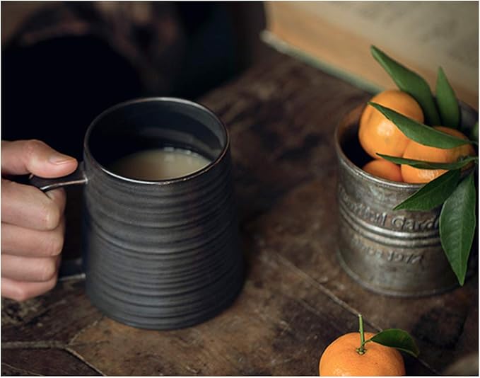 Large Handmade Pottery Coffee Mug, Unique Metallic Glazed Ceramic Drinking Cup Coffee Cup with Big Handle for Home, Office or Gifts, Microwaveable, Annular Texture 16 oz
