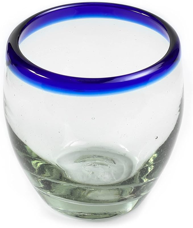 9 oz Hand Blown Mexican Drinking Glasses - Set of 6, 9 fl oz each, Cobalt-Blue Rim