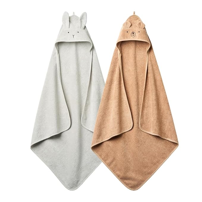 Hooded Baby Towels – 100% Organic Cotton Baby Bath Towels – Baby Boy Newborn Essentials - Super-Soft and Absorbent. (2-Pack Rabbit Pearl Grey and Bear Natural)
