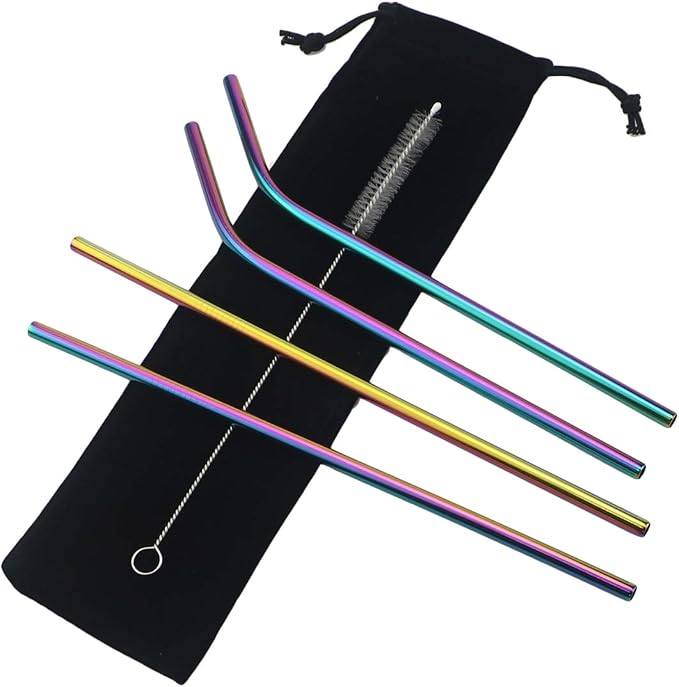 Metal Straws Stainless Steel Straws 8.5" Drinking Straws Reusable 4 Set - Ultra Long Muti Color-Cleaning Brush for 20/30 Oz for Trail Tumblers Yeti RTIC SIC Ozark (2 Straight|2 Bent|1 Brush）