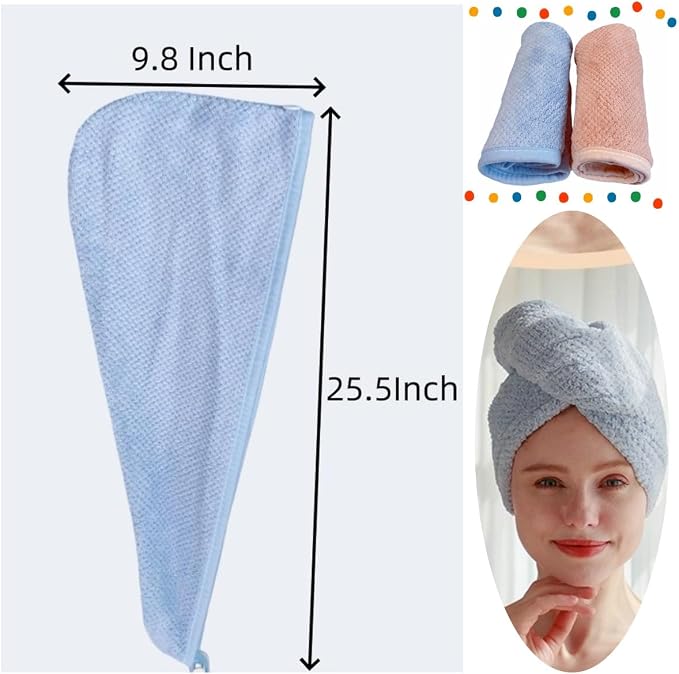 2 Pack Microfiber Hair Towel Wrap for Women,Super Absorbent Hair Drying Towel- Quick Dry,Turban for All Hair Style（ Pink &Blue）