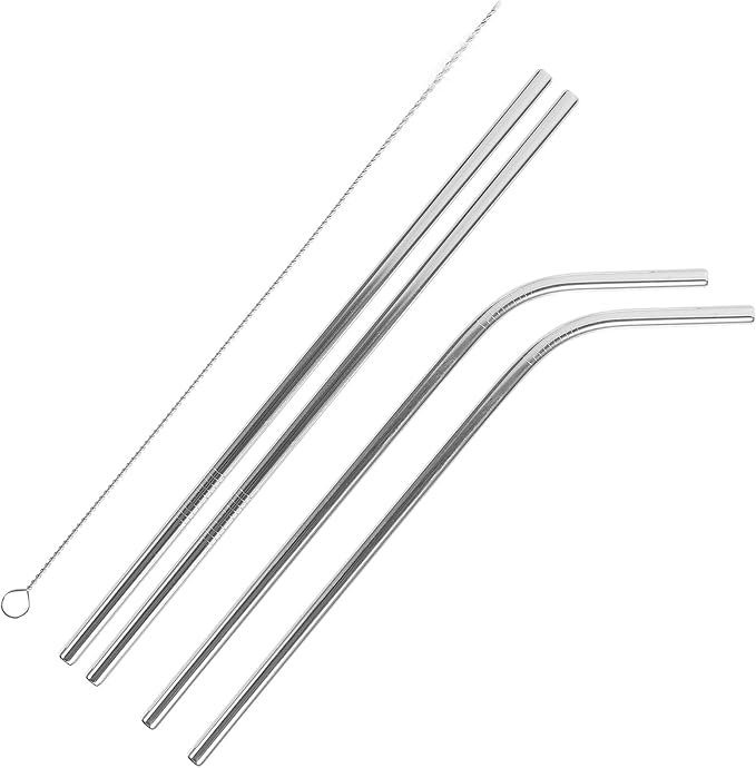 BESPORTBLE Reusable Stainless Steel Beverage Straws Set with 2 Bent 2 Straight Straws and Cleaning Brush for Party Supplies and Everyday Use