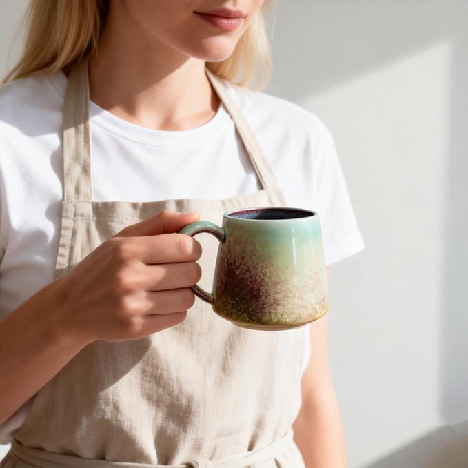 Large Ceramic Coffee Mug 16 oz - Microwave & Dishwasher Safe, Handcrafted Artisan Pottery Cup with Tapered Design for Stability & Heat Retention, Gift for Mom (Reactive Glaze Multicolor)