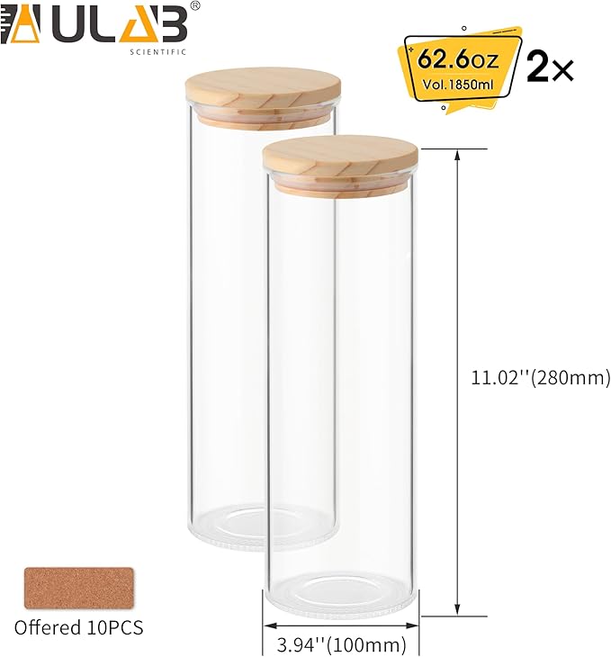 ULAB 3.5mm Thick Glass Food Container Set with Lid, 62.6 OZ Clear Storage Jar, Pack of 2, Glass Airtight Canisters set for Cookie, Pasta, Coffee Beans, USJ1005
