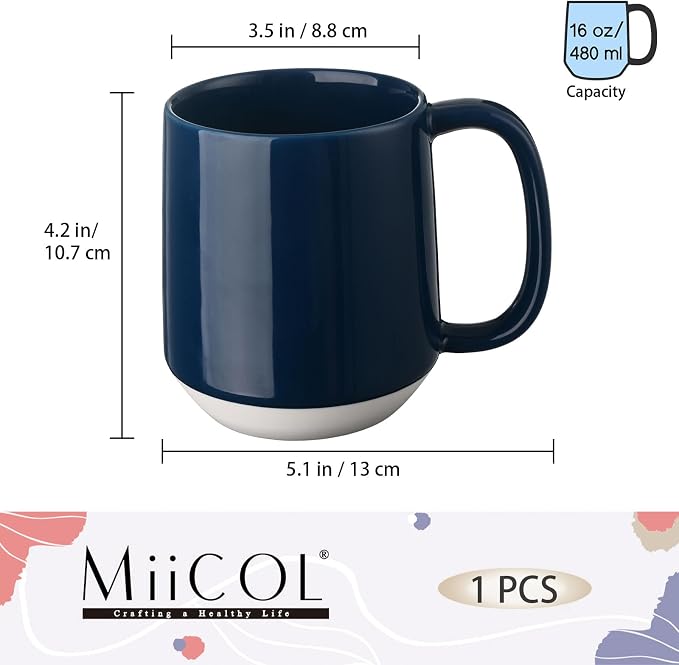 Miicol Ceramic Coffee Mug, 16 oz Large Coffee Cup, Tea Mug with Handle, Flat Bottom Mug for Men, Women, Office, Microwave and Dishwasher Safe, Multi-Color, Deep Ocean Blue