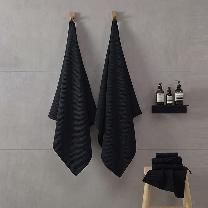 ecolook 6-Piece Waffle Weave Towel Set, 100% Cotton, Lightweight, Absorbent & Quick-Drying, 2 Bath Towels (31×63 in), 2 Hand Towels, 2 Washcloths, Lint-Free for Bathroom, Pool, Gym, Travel - Black