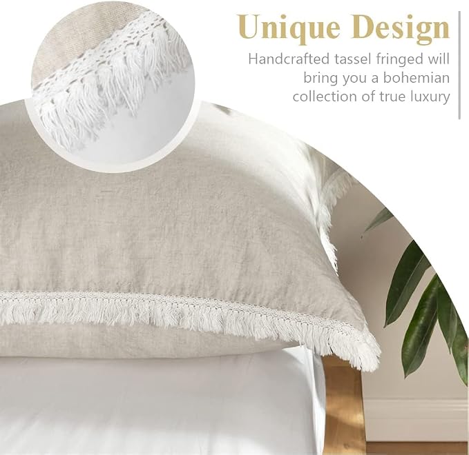 Simple&Opulence 100% Linen Euro Sham Pillow Covers Belgian Flax-Set of 2, Decorative Pillow Cover with Tassels, Boho Shabby Chic Style for Couch/Bed, Natural Linen, 26" x 26"