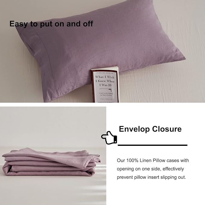 TOSMO Linen Duvet Cover Set, 100% French Flax Natural Linen Bedding 3pcs Set, Soft Breathable for Hot Sleepers 1 Duvet Cover and 2 Pillowcases (Light Lilac, Queen)