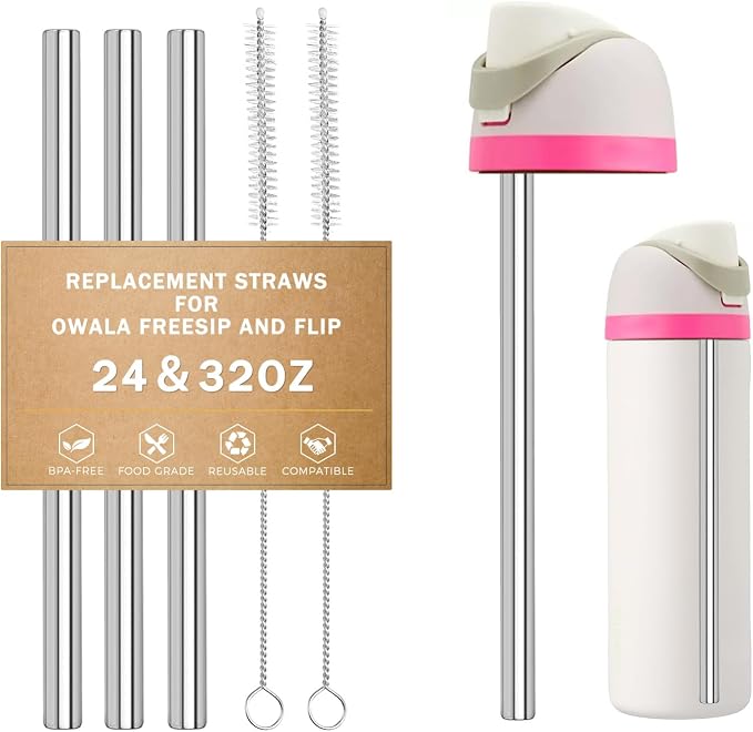 LUCKINEE Replacement Stainless Steel Straws for Owala FreeSip/Flip 24 oz 32 oz, 3 Pack Metal Reusable Straws with 2 Straw Cleaner Brushes for Owala FreeSip/Flip Accessories