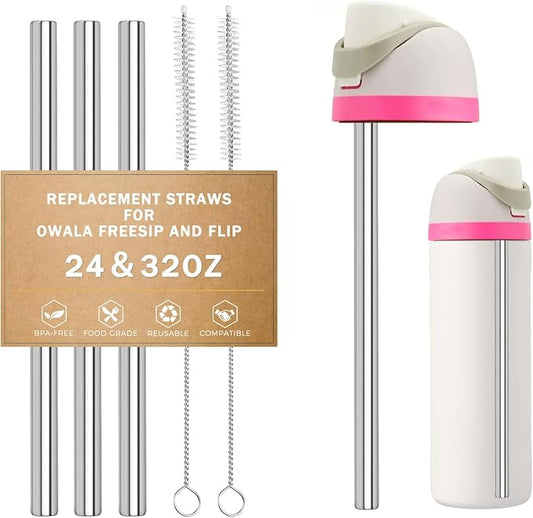LUCKINEE Replacement Stainless Steel Straws for Owala FreeSip/Flip 24 oz 32 oz, 3 Pack Metal Reusable Straws with 2 Straw Cleaner Brushes for Owala FreeSip/Flip Accessories