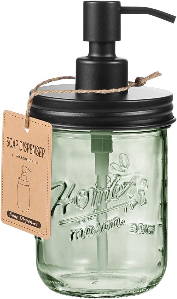 SheeChung 16Oz Mason Jar Green Glass Soap Dispenser, Stainless Steel Pump, Refillable Dish soap Dispenser for Kitchen, Bathroom Hand Soap Dispenser for Lotion, Liquid, Farmhouse Decor (Black, 1 Pack)