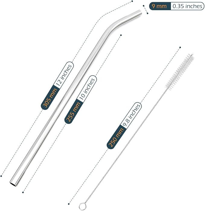 Big Drinking Straws Reusable 12 Inches Extra Long 9mm Extra Wide SUS 304 Food-Grade 18/8 Stainless Steel - Set of 4 with 2 Cleaning Brushes - Bent