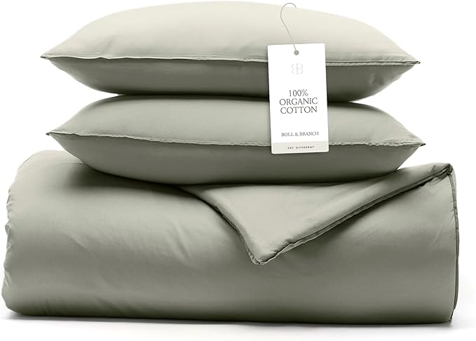 BOLL & BRANCH Signature Comforter Set - Full/Queen, Sageleaf - Duvet Insert and Cover in One Layer - Luxury Organic Cotton, Down Alternative, Hypoallergenic, All-Season - 1 Comforter and 2 Shams