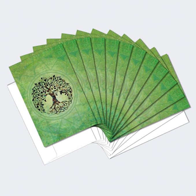 Tree-Free Greetings Tree of Life All Occasion Cards - 12 Recycled 4x6 Notecards & White Envelopes, Thick Cardstock, Sustainably Made in USA - Green New Age Art