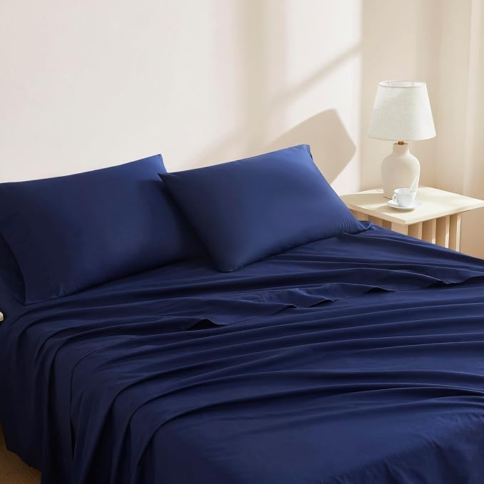 Linen Closet 100% Organic Cotton Queen Sheets Set, 4 Pieces, Navy - Percale Bed Sheets & Pillowcases Set - Up To 16" Deep Pocket Fitted Sheet - Cooling, Crisp & Breathable - For Hot Sleepers