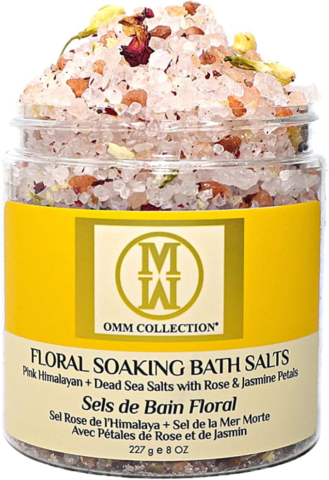 OMM Collection Natural Floral Soaking Bath Salt - Detox Body & Foot Soak - Bath Salt with Rose & Jasmine Petals - Pink Himalayan & Dead Sea Salt Flakes - Relaxing Bath Soak (Jasmin Rose)