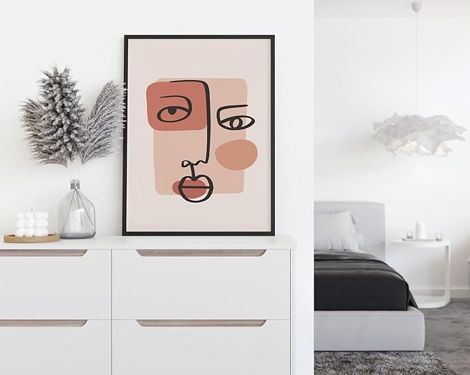 Abstract Face Wall Art Continuous Line Drawing Organic Shapes Earth Tones Terracotta Mid Century Modern 12x16 Inch Oak Wood Black Framed Minimalist Portrait for Bedroom Decor