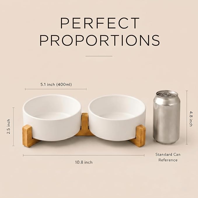 SPUNKYJUNKY Ceramic Dog and Cat Bowl with Wood Stand Non-Slip Matte Glaze Weighted Food Water Set for Cats &Small Dogs 13.5 OZ