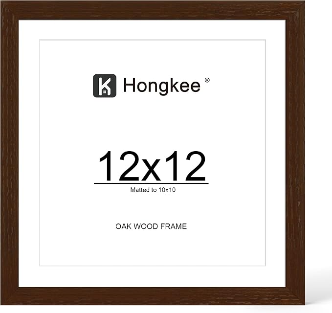 Hongkee 12x12 Oak Wood Picture Frame 1 Pack(Matted 10x10), Real Glass Cover | Walnut, 10 x 10 Solid Wood Frame for Wall or Tabletop Display - Includes Easel Back, Vertical Hang - Ideal for Home, Office