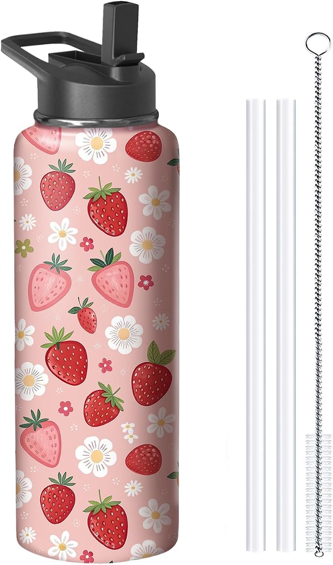 40oz Pink Strawberry Water Bottle with Handle and Flip Straw, Sports Stainless Steel Insulated Cup Travel Coffee Mug Tumbler, Birthday Mothers Day Chritmas Gifts for Women