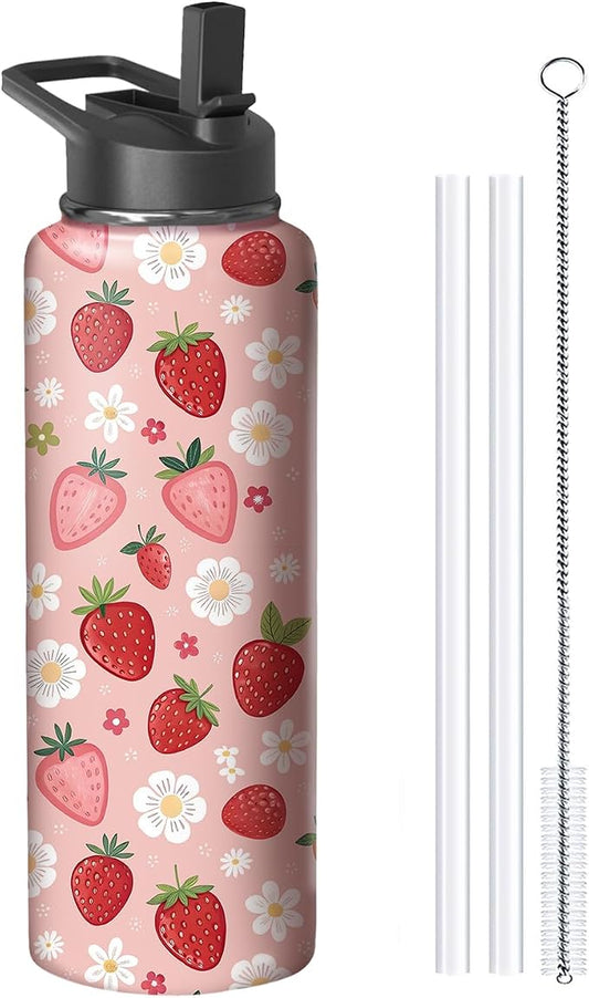 40oz Pink Strawberry Water Bottle with Handle and Flip Straw, Sports Stainless Steel Insulated Cup Travel Coffee Mug Tumbler, Birthday Mothers Day Chritmas Gifts for Women