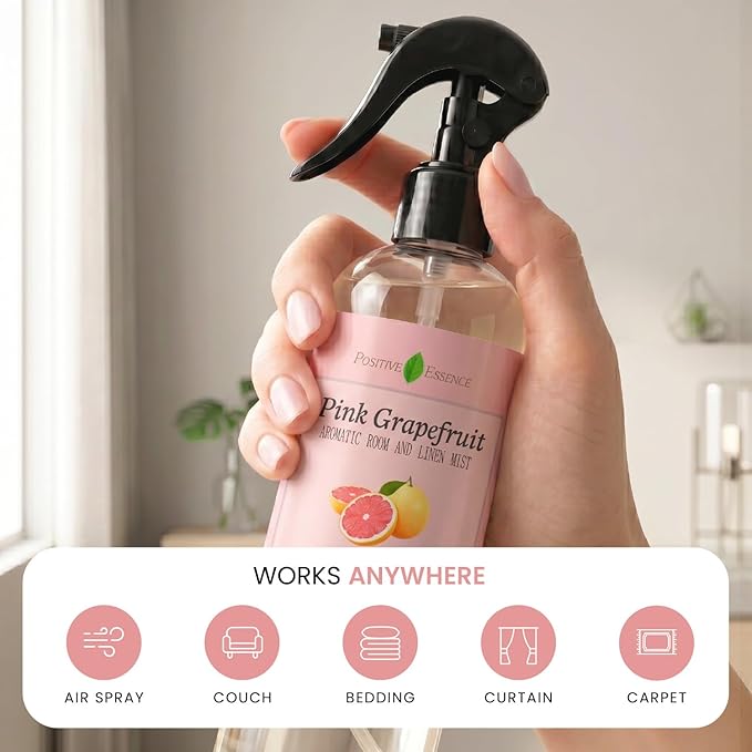 Pink Grapefruit Linen and Room Spray – Natural Air Freshener with Pure Essential Oil, Fresh Citrus Pillow Spray, Bathroom Odor Eliminator, Fabric and Home Fragrance – 8.5 fl oz