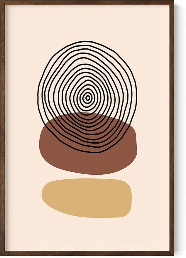 Boho Abstract Wall Art Minimalist Stacked Stones Circles Earth Tones Terracotta Mid Century Modern 24x36 Inch Oak Wood Walnut Framed Zen Meditation Print for Living Room Office Decor