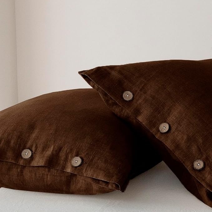 EVERLY 100% Linen Pillowcases Set of 2, French Linen from Normandy, 20X26Inch Standard Size, Natural Color, Coconut Buttons Closure, Flax Pillowshams-Pillowcase-Chocolate