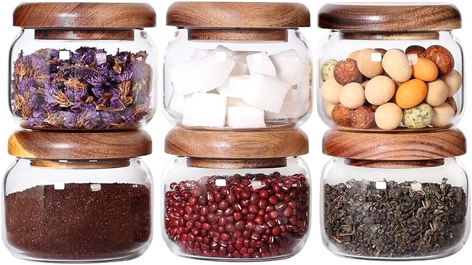 SAIOOL Kitchen Canisters Set of 6-8.5oz Glass Spice Jars With Acacia Airtight Lid and Labels Round Spice Bottles for kitchen Seasoning Baby Food Kids Snacks Meal Prep Containers Candle | Acacia Airtight Lid, Labels Included, Round Spice Bottles, Meal P...