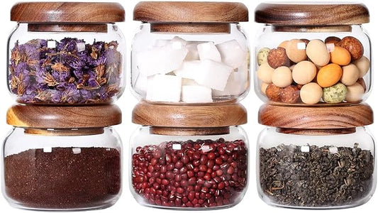 SAIOOL Kitchen Canisters Set of 6-8.5oz Glass Spice Jars With Acacia Airtight Lid and Labels Round Spice Bottles for kitchen Seasoning Baby Food Kids Snacks Meal Prep Containers Candle | Acacia Airtight Lid, Labels Included, Round Spice Bottles, Meal P...
