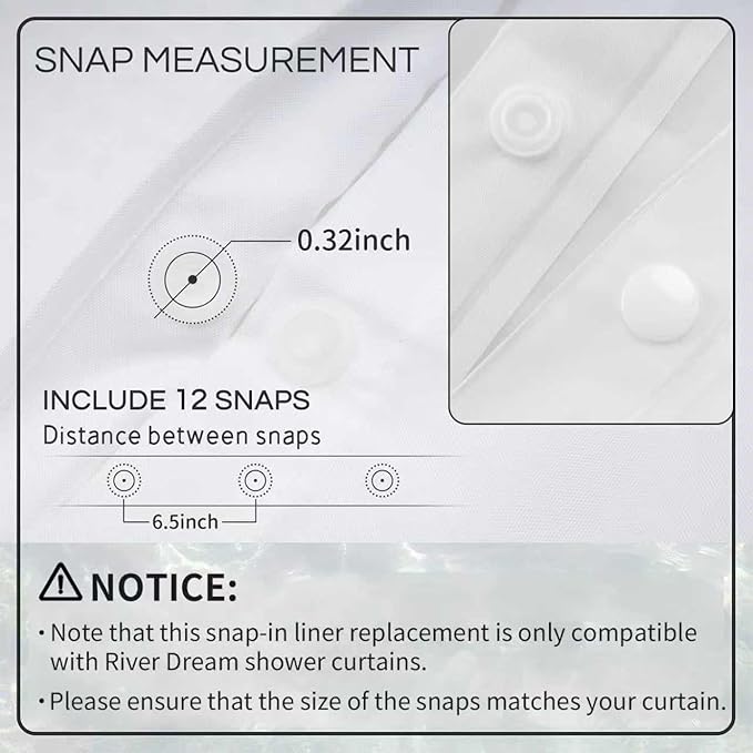 River Dream 2 Pack Snap in Shower Curtain Liner Replacements 70 x 54, White, with Magnets ，Removable Liner ，Plastic(PEVA)