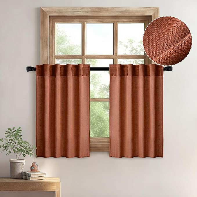 MIULEE Burnt Orange Kitchen Curtains 24 Inch Length 2 Panels, Soft Thick Linen Textured Semi Sheer Light Filtering Short Cafe Tier Curtains for Small Half Window Back Tab Rod Pocket Fall Boho Decor