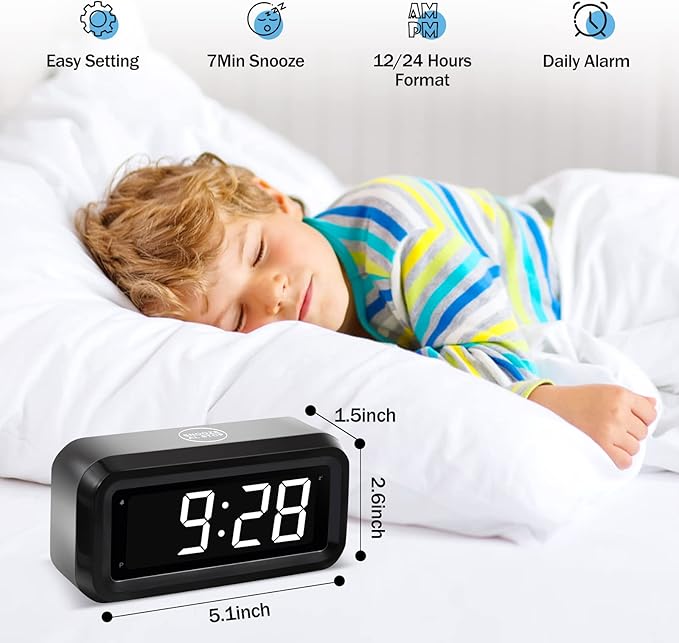 Digital Alarm Clock Battery Operated with LED Display for Bedrooms, Long Battery Life for 12 Months, 3 Brightness Adjustable, 12/24 Hour, Snooze, Black Case with White Digits