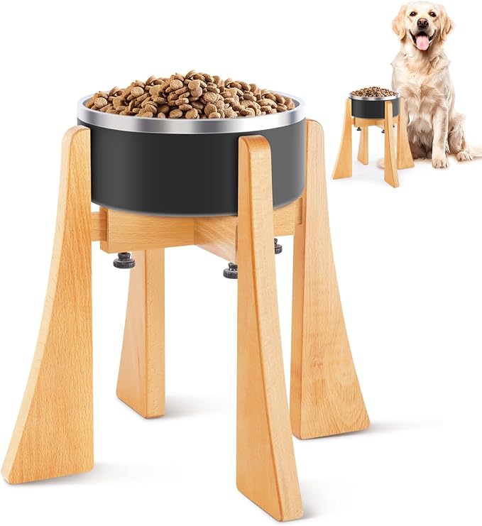 Elevated Bowl Stand Set 12-inch with Heavy Duty Beech Wood Made, Anti-Vomit Design for Medium Breed, Senior Dogs, Ergonomic Neck Protecting, Adjustable Diameter, Easy Clean Non Toxic