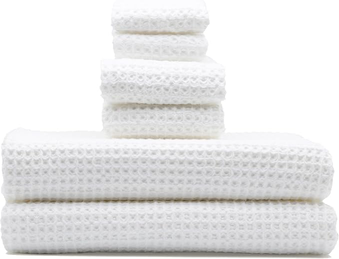 Italic Sedona Luxe Waffle Towel Set, 410 GSM 6-Piece 100% Cotton Set with 2 Bath Sheets, 2 Hand Towels & 2 Washcloths, Spa-Quality, White