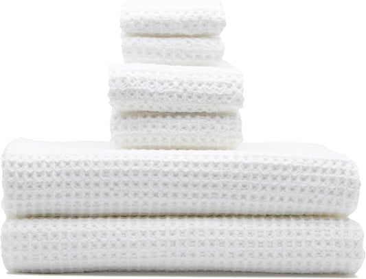 Italic Sedona Luxe Waffle Towel Set, 410 GSM 6-Piece 100% Cotton Set with 2 Bath Sheets, 2 Hand Towels & 2 Washcloths, Spa-Quality, White