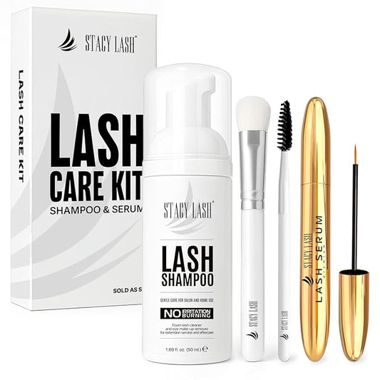 STACY LASH Shampoo 50ml Cleaning Kit of Eye Makeup Remover (Foam Cleanser) & Shampoo Brush & Mascara Brush Bundle with Eyelash Serum 5ml for Lash Growth and Thickness