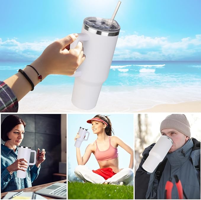 SYACOT 40 oz Tumbler with Handle and Straw Stainless Steel Insulated Tumbler Leak Proof Lid and Straw Lid Reusable Travel Mug Coffee Mug Cup Dishwasher Safe Keep Drinks Cold and Hot (Winter White)