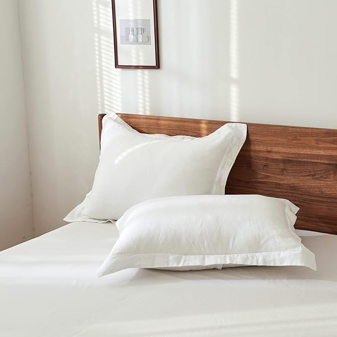 100% French Linen Pillow Shams Basic Style - Pack of 2 - Washed Solid Color Natural Flax Soft Breathable - White, 20'' x 36''