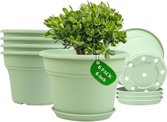 Pottiffe 6 Inch Plastic-Flower Pot-for-Indoor Plants, 6 Pack Outdoor Plant Pots with Drainage Holes & Saucers, Resin Garden Pots Planters
