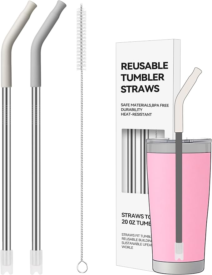 2 PCS 20 oz Straight Metal Straws with Silicone Tip for Tumbler | Long Drinking Replacement Straw for YETI, STANLEY, US Acrylio, BJPKPK, Simple Modern and so on